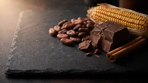 Cacao beans, drinking chocolate, corn and cinnamon.