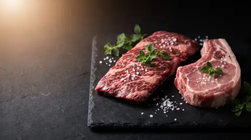 Raw skirt steak and a pork chop with oregano.