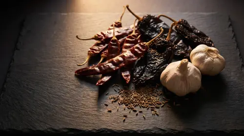 Dried guajillo and ancho chiles with garlic.