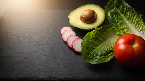 Avocado, radish, romaine and tomato.