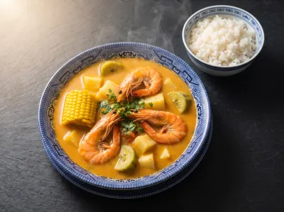 Seafood soup with shrimp and corn.