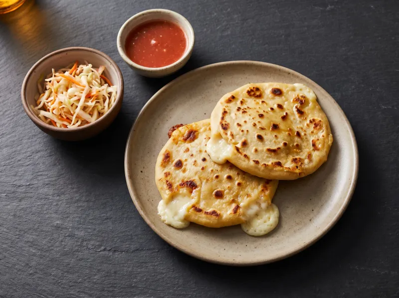 Pupusas on a plate with curtido and salsa roja.